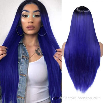 Ombre Blue Wig Long Straight Colored Synthetic Hair Wigs for Black Women Natural Heat Resistant Party Cosplay Costume Wig